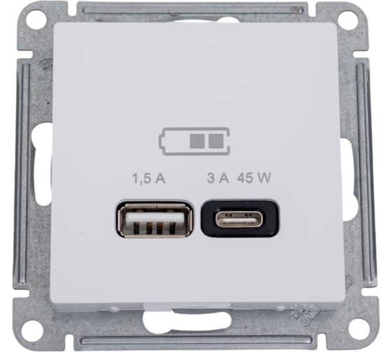 Розетка USB Systeme Electric ATLASDESIGN A + тип-C 45W высокоскор.заряд. QC, PD, механизм, БЕЛЫЙ ATN000129 1