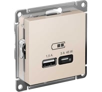 Розетка USB Systeme Electric ATLASDESIGN A + тип-C 45W высокоскор.заряд. QC,PD, механизм, БЕЖЕВЫЙ ATN000229