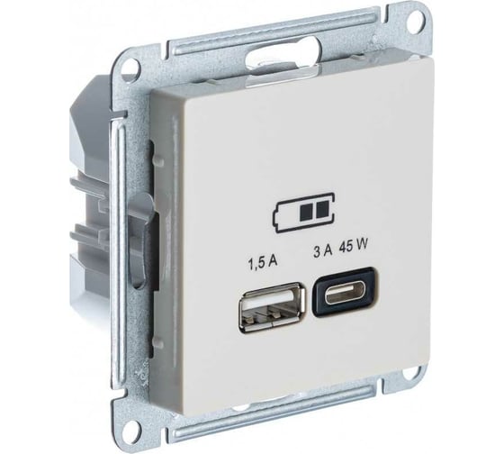 Розетка USB Systeme Electric ATLASDESIGN A + тип-C 45W высокоскор.заряд. QC,PD, механизм, БЕЖЕВЫЙ ATN000229 1