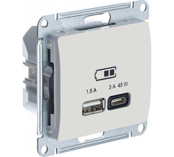 Розетка USB Systeme Electric GLOSSA A + тип-C 45W высокоскор.заряд. QC, PD, механизм, БЕЖЕВЫЙ GSL000229