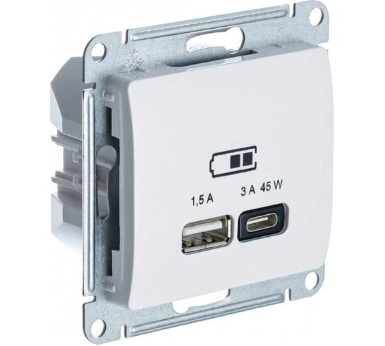 Розетка USB Systeme Electric GLOSSA A + тип-C 45W высокоскорост. зарядка QC, PD, механизм, БЕЛЫЙ GSL000129
