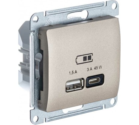 Розетка USB Systeme Electric GLOSSA A + тип-C 45W высокоскор.заряд. QC, PD, механизм, ТИТАН GSL000429