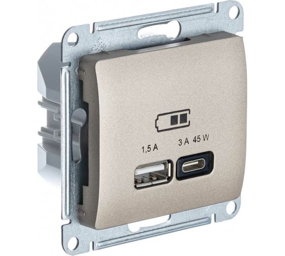Розетка USB Systeme Electric GLOSSA A + тип-C 45W высокоскор.заряд. QC, PD, механизм, ТИТАН GSL000429