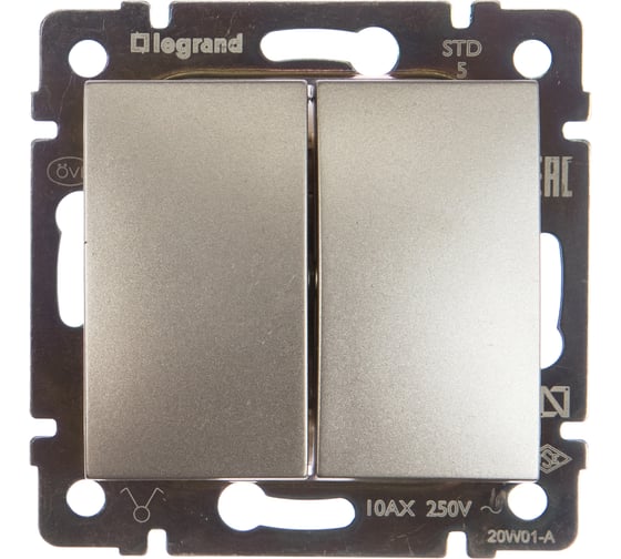 Выключатель Legrand двухклавишный Legrand Valena 10А 250В схема 5 безвинтовые зажимы алюминий 694337 1