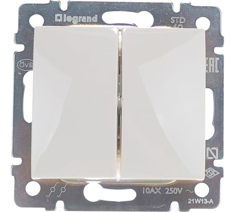 Переключатель Legrand двухклавишный Legrand Valena 10А 250В схема 6/2 безвинтовые зажимы слоновая кость 695604