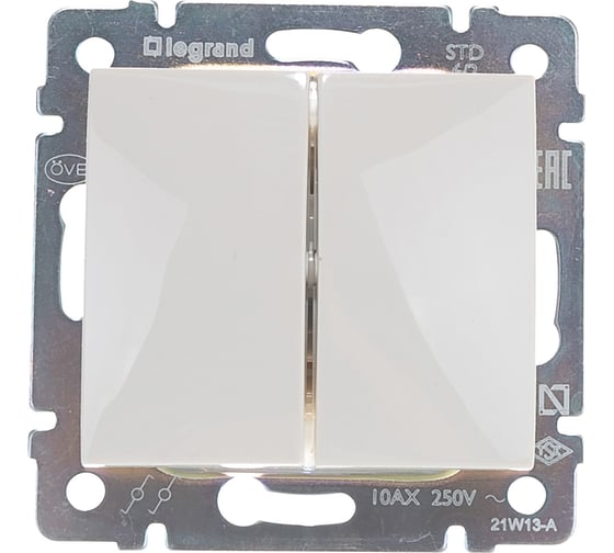 Переключатель Legrand двухклавишный Legrand Valena 10А 250В схема 6/2 безвинтовые зажимы слоновая кость 695604