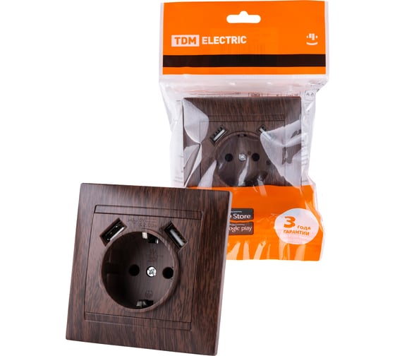 Розетка TDM ELECTRIC 2П+З 16А 250В + 2 USB порта 2,1А 5В венге "Лама" SQ1815-0442 1