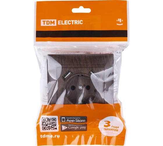 Розетка TDM ELECTRIC 2П+З 16А 250В + 2 USB порта 2,1А 5В венге "Лама" SQ1815-0442