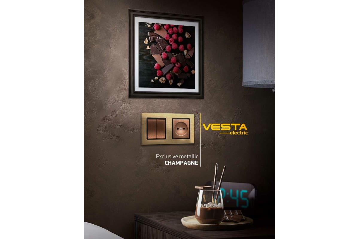 Vesta electric. Розетка Vesta. Розетка Vesta-Electric Exclusive Champagne Metallic двойная заземлением. Реверсивный выключатель Vesta Electric Exclusive Champagne Metallic fvk050206bsh.