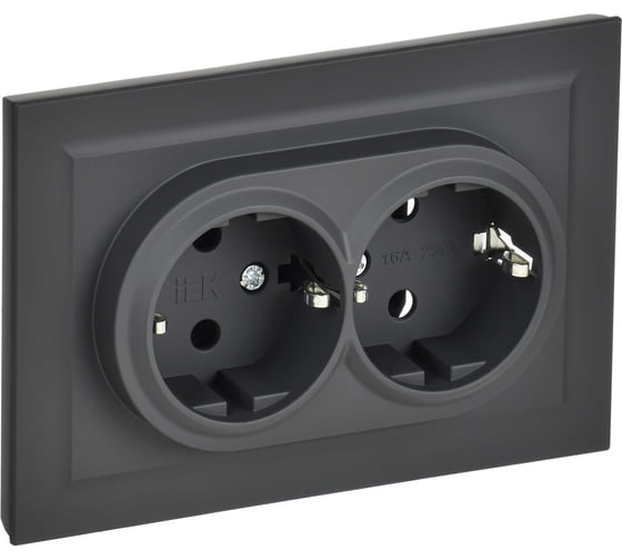 2-местная розетка IEK Brite рс12-3-брг с заземлением, без защитных шторок, 16А, в сборе, графит BR-R21-16-K53-F