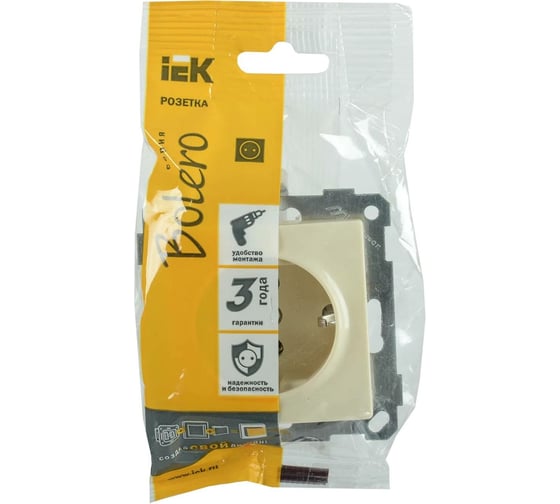 Розетка IEK Bolero рс14-1-0-б с заземляющим контактом, с защитной шторкой, 16А, кремовый ERB14-K33-16