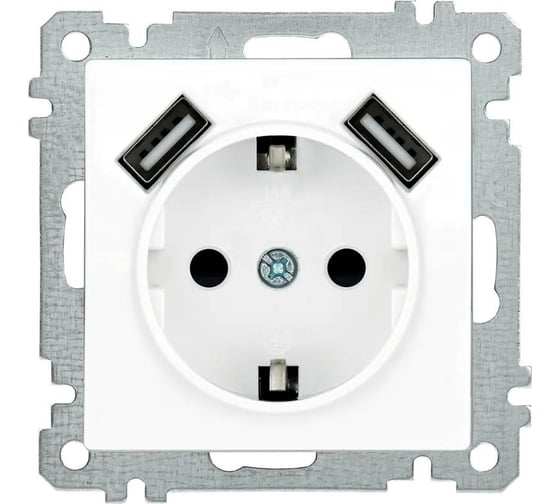 Розетка IEK Bolero рюш10-1-б usbх2 2,1a с заземляющим контактом, с защитной шторкой, 16А, белый ERB14-K01-16-U2