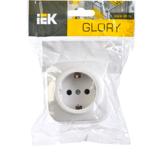 Одноместная розетка для открытой установки IEK Glory рс20-3-хб с заземлением, 16А, белый ERH11-K01-16