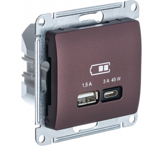 Розетка Systeme Electric Glossa usb a + тип-c 45w высокоскор.заряд. qc,pd, механизм, баклажановый GSL001129 1