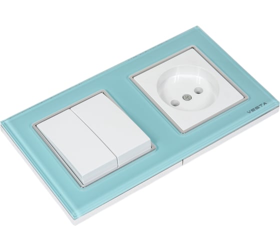 2-клавишный выключатель + розетка без заземления Vesta Electric Комплект-2, Exclusive Blue FRM050211SIN