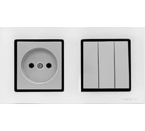 Комплект Эксклюзивный Серебристый - Выключатель 3-клавишный + Розетка без заземления Metronex Electric FRM050212SER