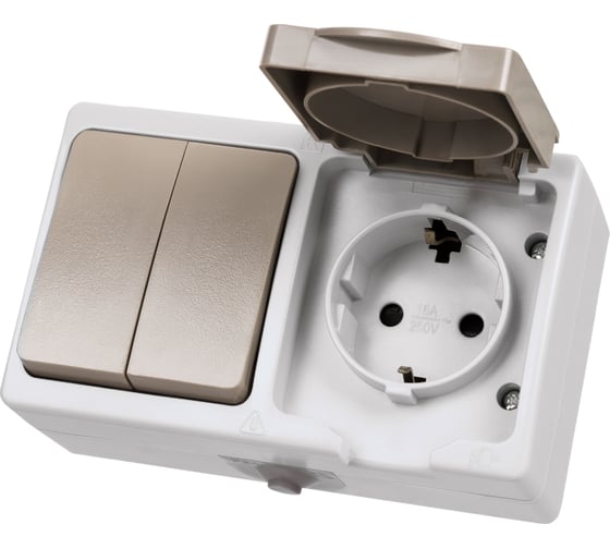 Блок комбинированный TDM ELECTRIC горизонтальный выключатель 2-кл. + розетка 2П+З с з/ш БКВР IP54 "Вуокса" SQ1803-0012 1