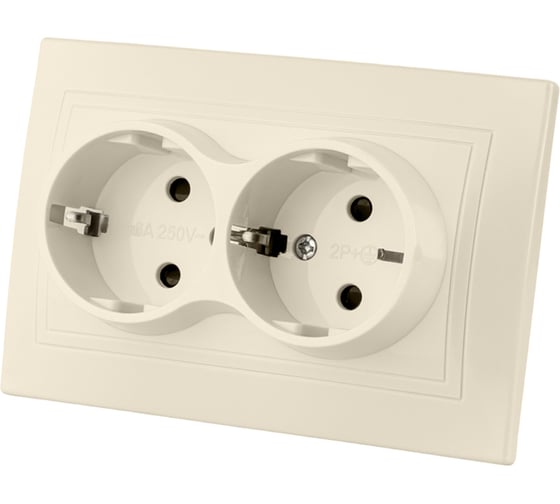 Двойная розетка с защитными шторками, слоновая кость 2П+З 16А 250В TDM ELECTRIC Таймыр SQ1814-0118 1