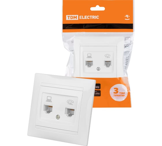 Розетка телефонная RJ11 + компьютерная RJ45, белая TDM Лама SQ1815-0019 1