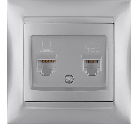 Розетка телефонная RJ11 + компьютерная RJ45, серебристый металлик TDM Лама SQ1815-0219