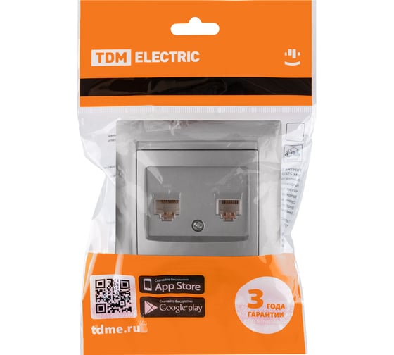 Розетка телефонная RJ11 + компьютерная RJ45, серебристый металлик TDM Лама SQ1815-0219