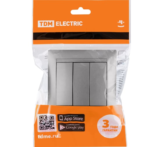 Трехклавишный выключатель TDM ELECTRIC серебристый металлик Лама SQ1815-0203
