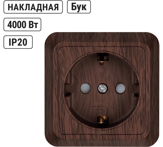Розетка TDM ELECTRIC 2П+З открытой установки с защитными шторками IP20 16А, бук, серия "Ладога" SQ1801-0038