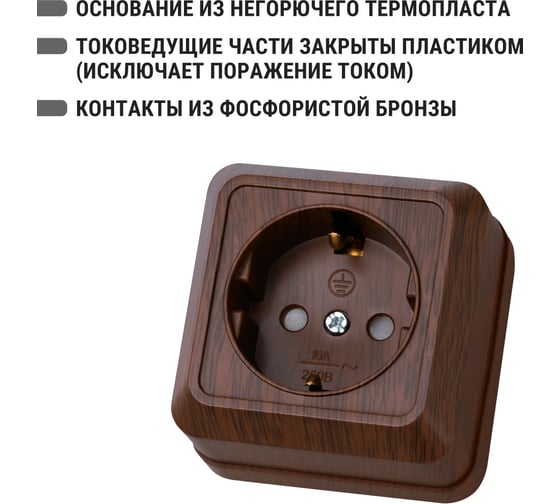 Розетка TDM ELECTRIC 2П+З открытой установки с защитными шторками IP20 16А, бук, серия "Ладога" SQ1801-0038
