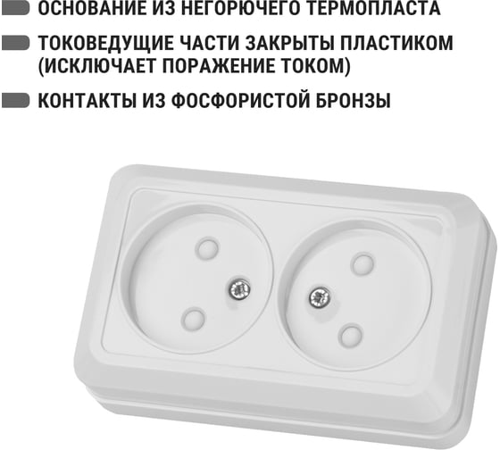 Двойная розетка открытой установки с защитными шторками 2П IP20 10А, белая TDM ELECTRIC Ладога SQ1801-0061