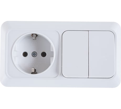 Горизонтальный блок: двухклавишный выключатель + розетка с заземлением, белый UNIVersal Олимп О0033