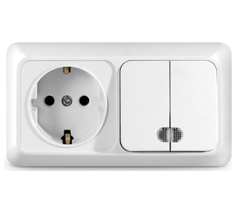 Горизонтальный блок: двухклавишный выключатель c подсветкой + розетка с заземлением, белый UNIVersal Олимп О0037