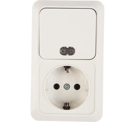 Вертикальный блок: одноклавишный выключатель c подсветкой + розетка с заземлением, белый UNIVersal Олимп О0039