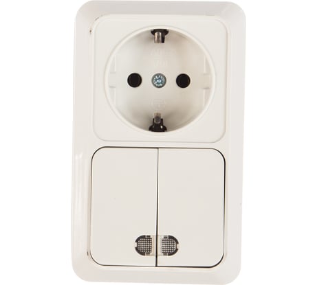 Вертикальный блок: двухклавишный выключатель c подсветкой + розетка с заземлением, белый UNIVersal Олимп О0041