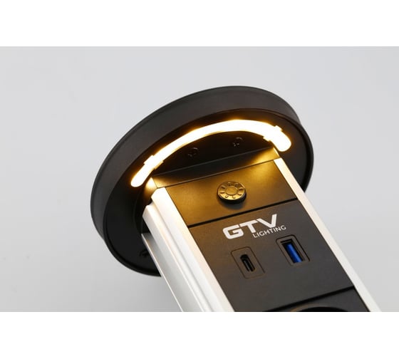 Врезной вертикальный удлинитель GTV camino, 2xschuko, 1xusb-a/5v, 1xtype-c/5v, беспроводная зарядка 10w, ночник, вилка провод 1,5м, черный AE-BPW2SCAM-20