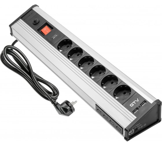 Накладной прямоугольный удлинитель GTV multi, 6xschuko, 4xusb порт, 2xusb/5v, вилка провод 1,8м, черный-серебро AE-PBMUL6S6U-53