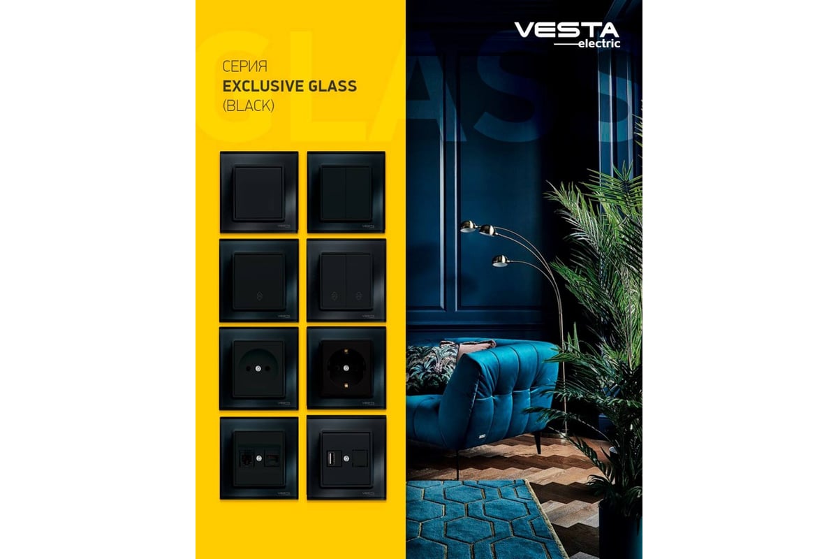 Двойная розетка Vesta Electric Exclusive Black с рамкой из закаленного  стекла, без заземления FRZMT040034CHR - выгодная цена, отзывы,  характеристики, фото - купить в Москве и РФ