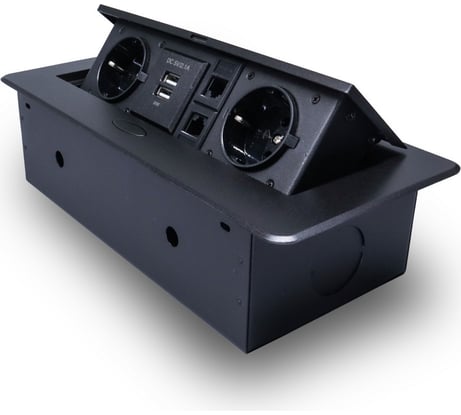 Розетка горизонтальная выдвижная ROCKETSOCKET 2 euro 16a, 2 usb a с блоком 5в/2.1а, 2 rj45, проводка, цвет черный SHS021-B