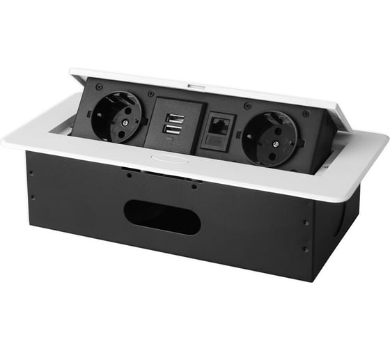 Горизонтальная выдвижная розетка ROCKETSOCKET 2 euro 16a, 2 usb a с блоком 5В/2.1а, rj45, проводка, цвет белый SHS020-W 1