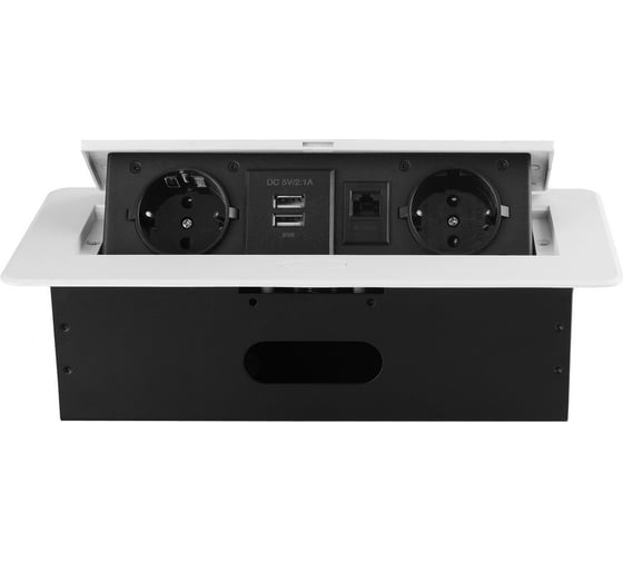 Горизонтальная выдвижная розетка ROCKETSOCKET 2 euro 16a, 2 usb a с блоком 5В/2.1а, rj45, проводка, цвет белый SHS020-W