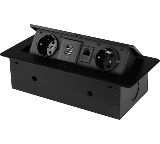 Горизонтальная выдвижная розетка ROCKETSOCKET 2 euro 16a, 2 usb a с блоком 5В/2.1а, rj45, проводка, цвет черный SHS020-B