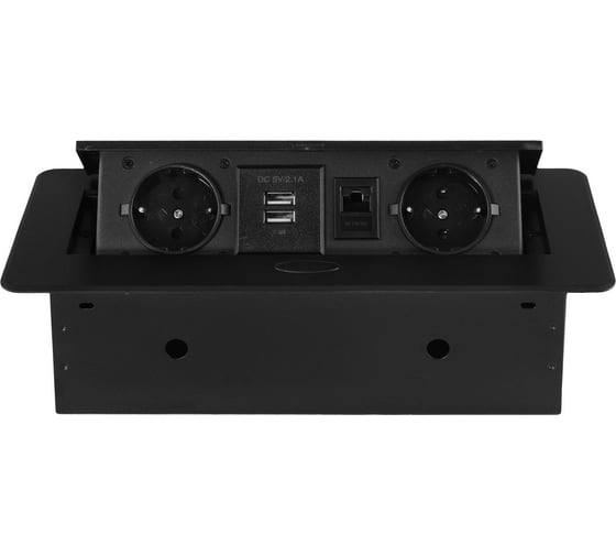Горизонтальная выдвижная розетка ROCKETSOCKET 2 euro 16a, 2 usb a с блоком 5В/2.1а, rj45, проводка, цвет черный SHS020-B