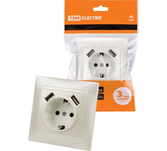 Розетка TDM ELECTRIC 2П+З 16А 250В + 2 USB порта 2,1А 5В перламутр "Лама" SQ1815-0842