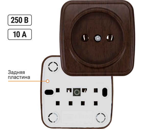 Розетка открытой установки TDM ELECTRIC 2П IP20 10А, венге "Дача" Народная SQ1824-0027