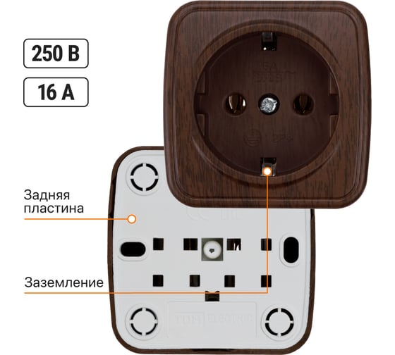 Розетка TDM ELECTRIC 2П+З открытой установки IP20 16А, венге "Дача" Народная SQ1824-0028