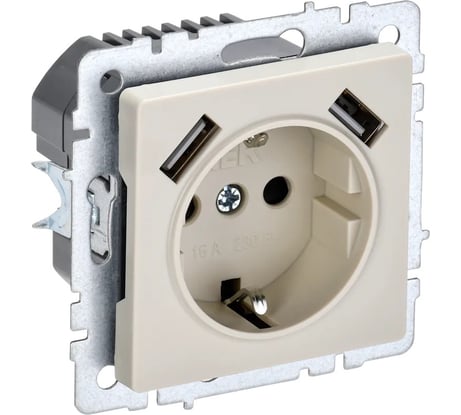 1-местная розетка IEK Brite с заземлением с защитными шторками 16а с usb a+a 5в 2,1а рюш10-1-бркр бежевый BR-R14-16-U21-D21-K10