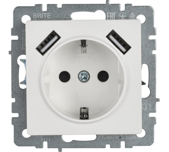 1-местная розетка IEK Brite с заземлением с защитными шторками 16а с usb a+a 5в 2,1а рюш10-1-брб белый BR-R14-16-U21-D21-K01