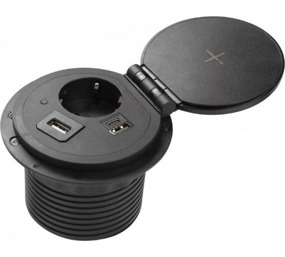 Врезной круглый удлинитель GTV charger plus, 1xschuko, 1xusb-a/5v, 1xtype-c/5v, беспроводная зарядка, сменные переходники, вилка провод 1,5м, черный AE-BPW1SACP-20