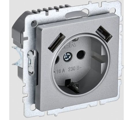 1-местная розетка IEK Brite с заземлением с защитными шторками 16а с usb a+a 5в 3,1а рюш10-2-бра алюминий BR-R14-16-U21-D31-K47