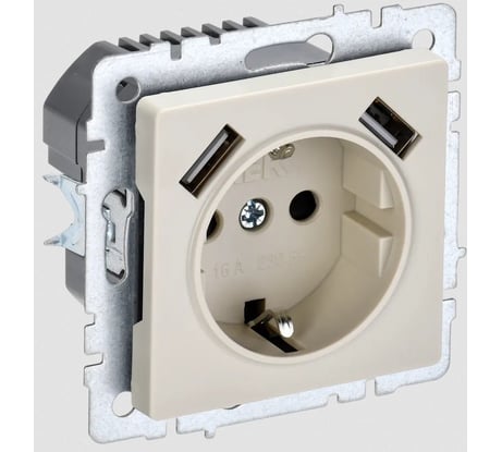1-местная розетка IEK Brite с заземлением с защитными шторками 16а с usb a+a 5в 3,1а рюш10-2-бркр бежевый BR-R14-16-U21-D31-K10