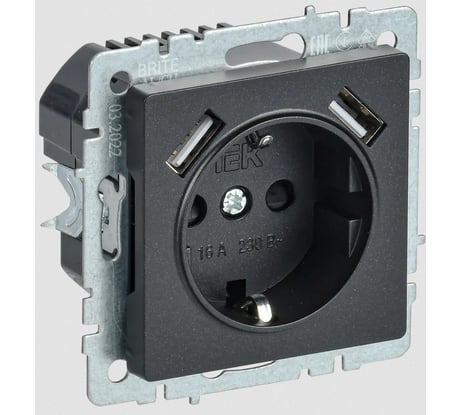 1-местная розетка IEK Brite с заземлением с защитными шторками 16а с usb a+a 5в 3,1а рюш10-2-брч черный BR-R14-16-U21-D31-K02